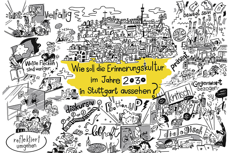 Wimmelbild or doodle picture in Black and white about Erinnerungskultur Stuttgart