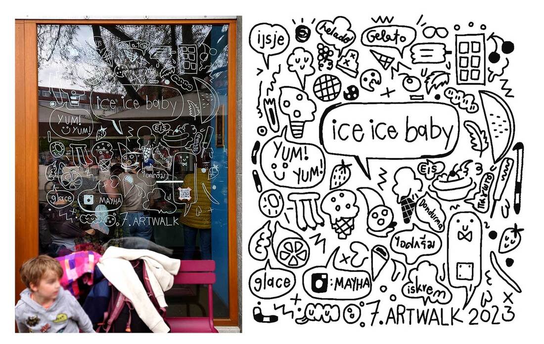 a drawing about ice-cream in different languages on window display with doodle style