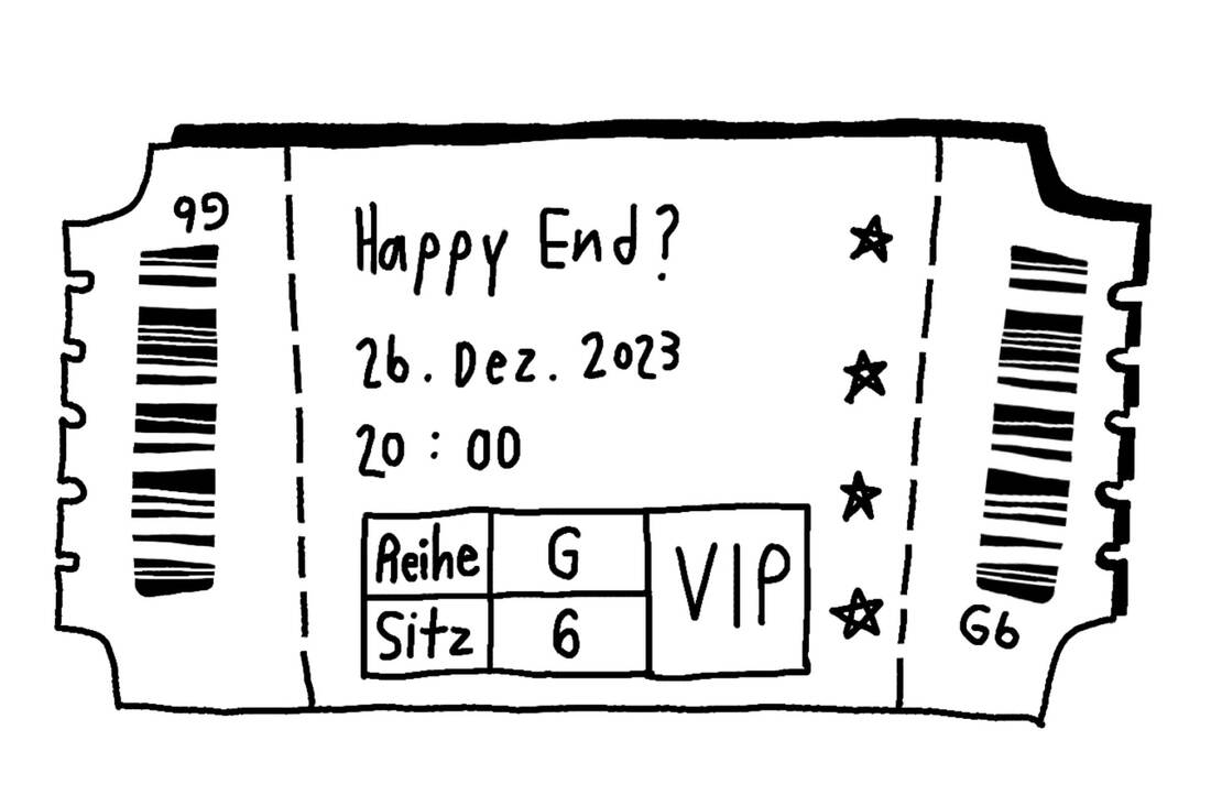 A minimalist illustration from a ticket shows „Happy end?“