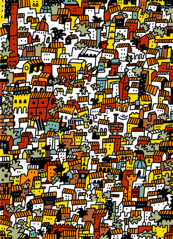 “Wimmelbild-Bologna” Illustration inspired from a city Bologna, Italy. This presented on virtual illustration wall until October 2024 